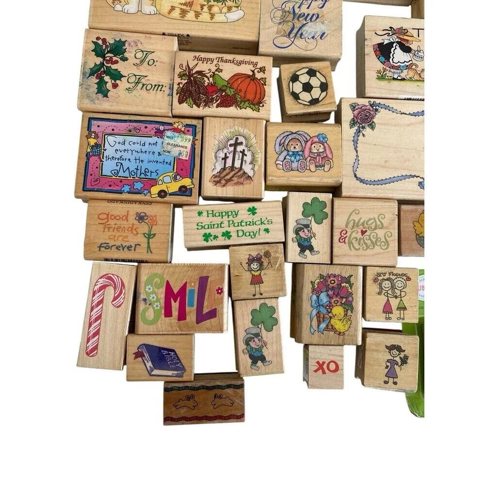 44 Rubber Stamp Lot 31 Wood Mounted 13 Unmounted New and Used Holiday / Misc.